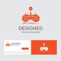 Business logo template for Check. controller. game. gamepad. gaming. Orange Visiting Cards with Brand logo template. vector