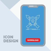 Insignia. emblema. juego. escudo. icono de línea de espadas en el móvil para la página de descarga vector