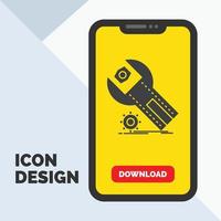 settings. App. installation. maintenance. service Glyph Icon in Mobile for Download Page. Yellow Background vector