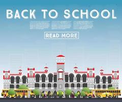 Back to School. Banner with School Bus, Building and Students. vector