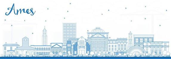 Outline Ames Iowa Skyline with Blue Buildings. vector