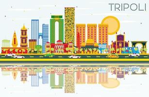 Tripoli Skyline with Color Buildings, Blue Sky and Reflections. vector