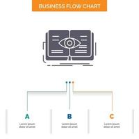 conocimiento. libro. ojo. vista. diseño de diagrama de flujo de negocio de crecimiento con 3 pasos. icono de glifo para el lugar de plantilla de fondo de presentación para texto. vector