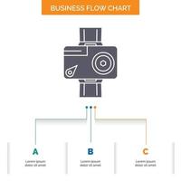 camera. action. digital. video. photo Business Flow Chart Design with 3 Steps. Glyph Icon For Presentation Background Template Place for text. vector