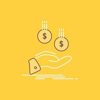 coins. hand. currency. payment. money Flat Line Filled Icon. Beautiful Logo button over yellow background for UI and UX. website or mobile application vector