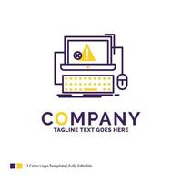 Company Name Logo Design For Computer. crash. error. failure. system. Purple and yellow Brand Name Design with place for Tagline. Creative Logo template for Small and Large Business. vector