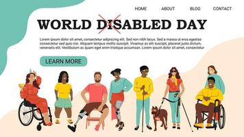 World Disabled day. Landing page or web banner concept. People with Disability, Diversity and Inclusion. Flat vector illustration in cartoon style.