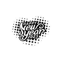 feliz año nuevo 2023 saludo en blanco y negro con hermosas letras y patrón de medios tonos. vector