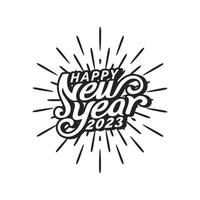 feliz año nuevo 2023 saludo en blanco y negro con hermosas letras y salpicaduras de fuegos artificiales. vector