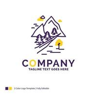 Company Name Logo Design For rocks. tree. hill. mountain. nature. Purple and yellow Brand Name Design with place for Tagline. Creative Logo template for Small and Large Business. vector