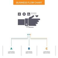 vigilancia. tecnología. aptitud física. corazón. diseño de diagrama de flujo de negocios de pulso con 3 pasos. icono de glifo para el lugar de plantilla de fondo de presentación para texto. vector