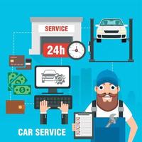 Car service a web application on a computer. Online car service concept design flat. Fast car repair vector