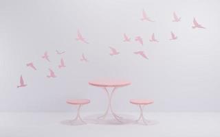 Round pastel modern minimal table set with chairs. bird silhouette wall cut out. mock up minimal interior design concept with copy space 3d rendering 3d illustration. photo