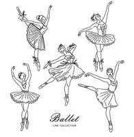 Women ballet dancer set of continuous line drawing in black color. Dancing girls and figures. vector