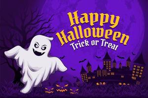 Halloween background with ghost tree castle moon vector, happy halloween background for business retail promotion, banner, poster, social media, feed, invitation purple color vector