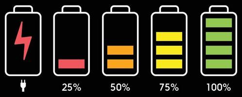 conjunto de iconos de batería. icono del cargador de batería. nivel de carga de la batería. icono de carga de batería, diseño de icono de energía. teléfono inteligente con batería descargada y completamente cargada vector