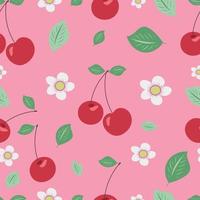 Seamless pattern with red cherry berries on a pink background. Vector illustration.