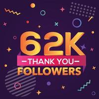 Thank you 62000 followers,thanks banner.First 62K follower congratulation card with geometric figures,lines,squares,circles for Social Networks.Web blogger celebrate a large number of subscribers. vector