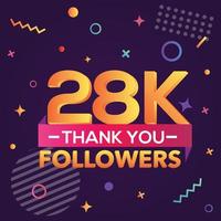 Thank you 28000 followers,thanks banner.First 28K follower congratulation card with geometric figures,lines,squares,circles for Social Networks.Web blogger celebrate a large number of subscribers. vector