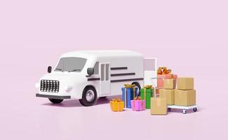 3d white delivery van, truck with gift box, packaging, goods cardboard box, platform trolley isolated on pink background. service, transportation, shipping concept, 3d render illustration photo