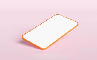 3d orange smartphone, mobile phone isolated on pink background. screen phone template, empty screen phone mockup, minimal concept, 3d render illustration photo