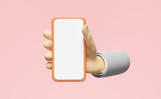 3d hand holding smartphone isolated on pink background. hand using mobile phone, screen phone template, empty screen phone mockup, minimal concept, 3d render illustration photo