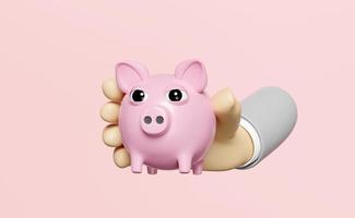 3d businessman hands holding pink piggy bank isolated on pink background. saving money concept, 3d render illustration photo