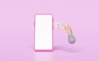 3D hand using Id card with mobile phone, smartphone isolated on pink background. Business person card, job application, recruitment staff, human resources, job search, plastic card concept, 3d render photo