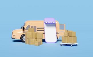 3d orange truck, delivery van with mobile phone, packaging, goods cardboard box, platform trolley isolated on blue background. service, transportation, shipping concept, 3d render illustration photo