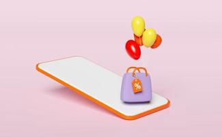 3d orange mobile phone, smartphone icon with balloon, shopping paper bags isolated on pink background. saving money, discount sales for shopping online concept, screen template, mockup, 3d render photo