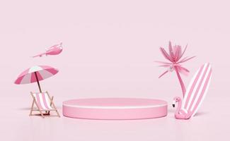 3d cylinder stage podium empty with beach chair,ball, flamingo, palm tree, umbrella, parasol, airplane, surfboard isolated on pink background. shopping summer sale concept, 3d render illustration photo
