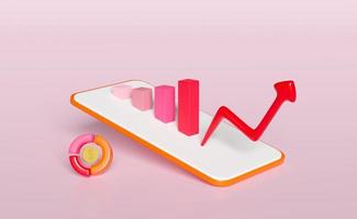 3d charts, graph with orange mobile phone, smartphone, analysis business financial data, Online marketing, arrow, check, bank building isolated on pink background. business strategy concept, 3d render photo