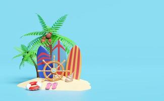 3d summer travel with helm, stern wheel, suitcase, shellfish, palm tree, lifebuoy, island, surfboard, sandals isolated on blue background. concept 3d render illustration photo