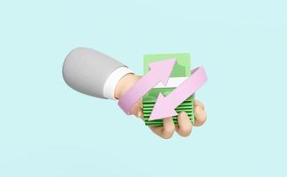3D cartoon hands holding banknote stack icons isolated on blue background. quick credit approval or loan approval transfer, arrows, cashback, saving money wealth business, 3d render illustration photo