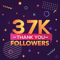 Thank you 37000 followers,thanks banner.First 37K follower congratulation card with geometric figures,lines,squares,circles for Social Networks.Web blogger celebrate a large number of subscribers. vector