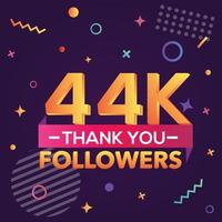 Thank you 44000 followers,thanks banner.First 44K follower congratulation card with geometric figures,lines,squares,circles for Social Networks.Web blogger celebrate a large number of subscribers. vector