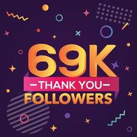 Thank you 69000 followers,thanks banner.First 69K follower congratulation card with geometric figures,lines,squares,circles for Social Networks.Web blogger celebrate a large number of subscribers. vector