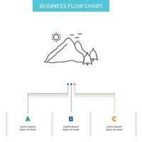 mountain. landscape. hill. nature. scene Business Flow Chart Design with 3 Steps. Line Icon For Presentation Background Template Place for text vector