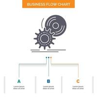 cd. disc. install. software. dvd Business Flow Chart Design with 3 Steps. Glyph Icon For Presentation Background Template Place for text. vector