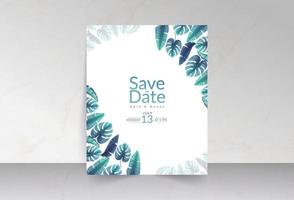 Palm and tropical wild leaves save the date card vector