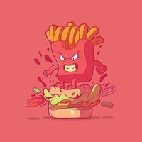 papas fritas rompiendo una ilustración de vector de hamburguesa. comida, marca, concepto de diseño de mascotas.