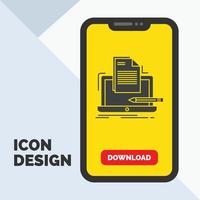 Coder. coding. computer. list. paper Glyph Icon in Mobile for Download Page. Yellow Background vector