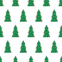 Christmas seamless pattern with green Christmas trees with colorful toys, balls and garlands. Vector illustration