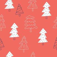 Draw seamless patterns with christmas trees on red background for christmas and winter and New year Doodle cartoon style vector