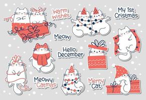 Draw funny stickers with cats for christmas and winter vector illustration character collection funny cats for Christmas and New year. Doodle cartoon style.