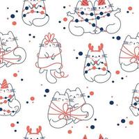 Draw seamless pattern with cute cats  on white background for christmas and winter and New year Doodle cartoon style