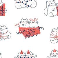 Draw seamless pattern with cute cats  on white background for christmas and winter and New year Doodle cartoon style vector