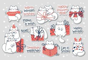 Draw funny stickers with cats for christmas and winter vector illustration character collection funny cats for Christmas and New year. Doodle cartoon style.