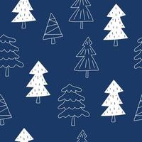 Draw seamless patterns with christmas trees on blue background for christmas and winter and New year Doodle cartoon style vector