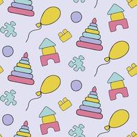 Seamless children's vector pattern with a children's pyramid, cubes and balloons in a doodle-style